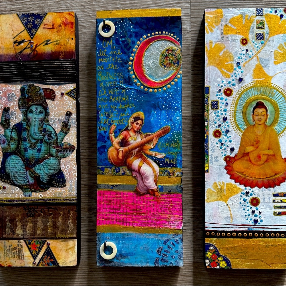 Buddha Ganesha on canvas mixed media one of a kind wall art 11.5” x 4” set of 3